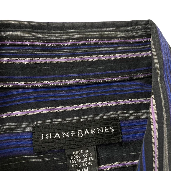 Jhane Barnes Mens Button Up Party Shirt Sz M Blue Black Purple Striped Embroider - Picture 2 of 7